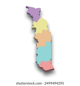3d isometric colored map of Togo with borders of regions