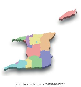 3d isometric colored map of Trinidad and Tobago with borders of regions