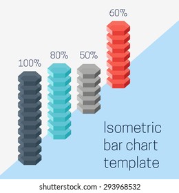 3d isometric colorful chart with bars made of differently sized hexagonal cylinders. Isolated vector illustration.