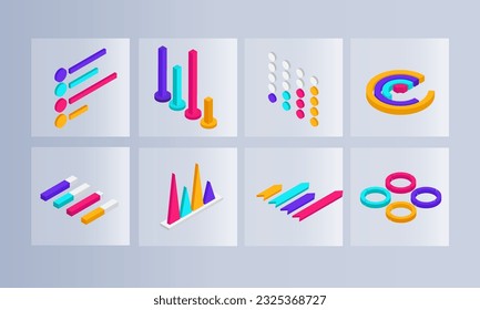3D-Isometrie von farbigen Unterschiedlichen Gestaltungselementen.
