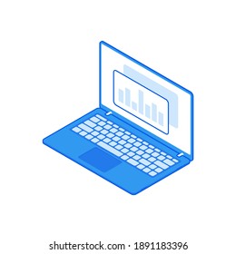 3d isometric colorful vector illustration of opened laptop with chart and graph representing results of marketing research for modern web designs isolated on white background