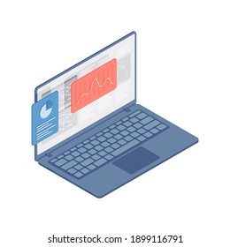 Ilustración vectorial de color isométrico de la laptop abierta con gráfico y gráfico que representa los resultados de la investigación de marketing para diseños web modernos aislados en fondo blanco