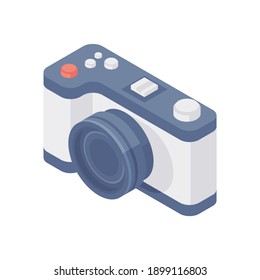 3d isometric colorful vector illustration of cartoon photo camera for web designs representing concept of travel and hobby isolated on white background