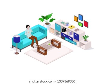 3d isometric composition man sitting on the couch and talking on the phone, around the interior furniture and a sofa, home furnishings or office. Vector isometric.