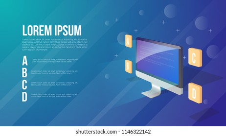 3D isometric computer with four option. Can be used for infographic, business, education, web design, banners, brochures, flyers, diagram, workflow, timeline. Vector illustration.