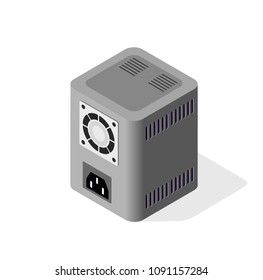 3d isometric computer power server system network technology of digital, information equipment hosting, database storage. Vector pc design illustration.
