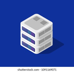 3d isometric computer power server system network technology of digital, information equipment hosting, database storage. Vector pc design illustration.
