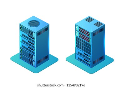 3d isometric computer power server system network technology of digital, information equipment hosting, database storage. Vector pc design illustration.