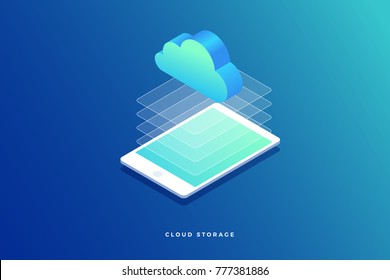 3D Isometric Computer Tablet. Cloud Storage Information. Vector Flat Illustration.