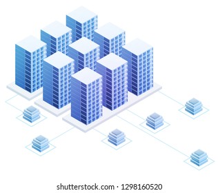 3d isometric concept big data center with server or hosting. Abstract design composition for website, banner, landing page. High technology vector illustration.