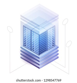 3d isometric concept big data center with server or hosting. Abstract design composition for website, banner, landing page. High technology vector illustration.
