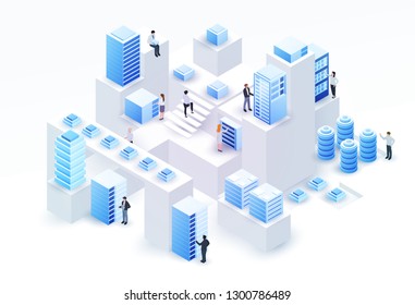 3d isometric concept big data center with server or hosting and peoples. Abstract design composition for website, banner, landing page. High technology vector illustration.