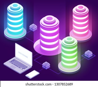 3d isometric concept big data center with server or hosting. Abstract design composition for website, banner, landing page. High technology vector illustration.