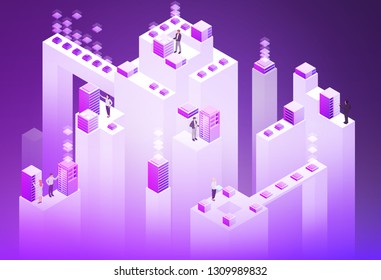 3d isometric concept big data center with server or hosting and peoples. Abstract design composition for website, banner, landing page. High technology vector illustration.