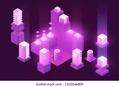 3d isometric concept big data center with server or hosting. Abstract design composition for website, banner, landing page. High technology vector illustration.