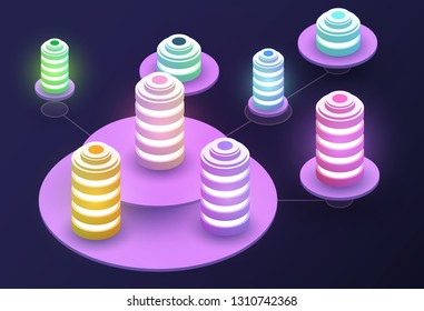 3d isometric concept big data center with server or hosting. Abstract design composition for website, banner, landing page. High technology vector illustration.