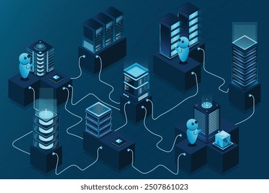 3d isometric concept big data center with server. Cloud computing. Network mainframe infrastructure. Isometric high technology concept