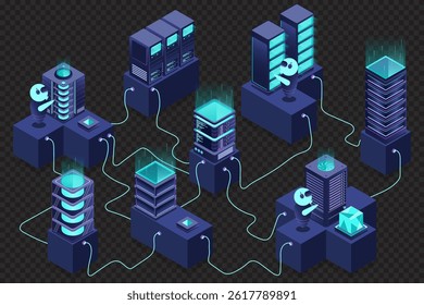 3d isometric concept big data center with server. Cloud computing. Network mainframe infrastructure. Isometric high technology concept