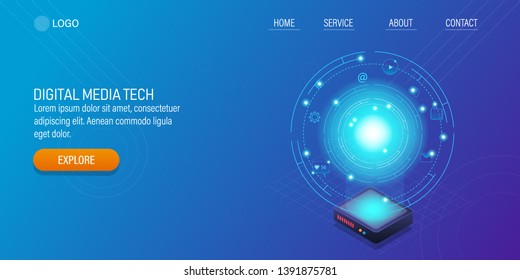 3D, Isometric concept, Digital media technology, Digital communication,  Innovation, vector abstract, landing page