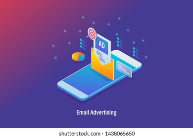 3D isometric concept of email advertising, Email newsletter marketing, Mobile email - vector illustration
