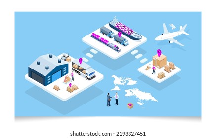 3D isometric concept of Global logistic network and Smart Logistics with Delivery, transport, export, import, cargo and more. 
Easy to edit and customize. Vector illustration EPS 10