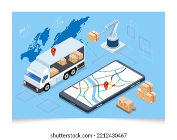 3D isometrisches Konzept von globalem Logistiknetz und Smart Logistics mit Lieferung, Transport, Export, Import, Fracht und mehr. 
Einfache Bearbeitung und Anpassung. Vektorgrafik EPS10