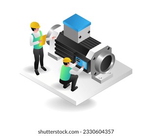 3D-isometrische Concept-Illustration eines Teams, das eine große Maschine betreibt