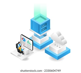 3d ilustración de concepto isométrica de los datos del servidor en la nube de análisis de equipo
