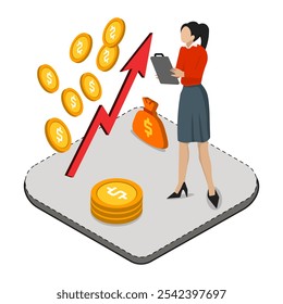 3D isometric concept increase revenue. Marketing, analysis, growth business, increase income for web page, banner, presentation, social media. 3D vector illustration. 