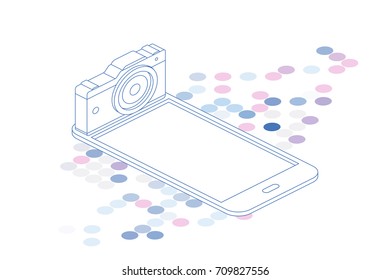 3D isometric concept. Line art smart phone and photo camera. Vector illustration EPS 10.