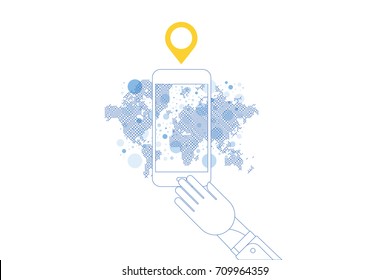 3D isometric concept. Line art smart phone with mobile application with world map for navigation. Vector illustration EPS 10