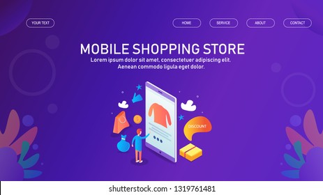 3D, Isometric Concept, Mobile shopping store, Shopping App on Mobile, flat vector illustration