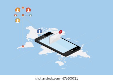 3D isometric concept. New message notification icon in smartphone against the background of the world map. Vector illustration EPS 10