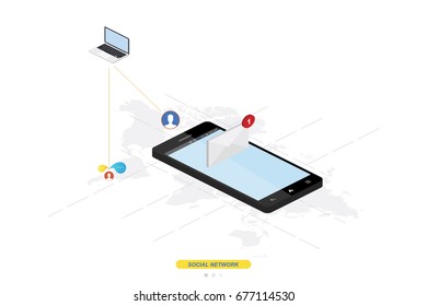 3D isometric concept. New message notification icon in smartphone against the background of the world map. Vector illustration EPS 10