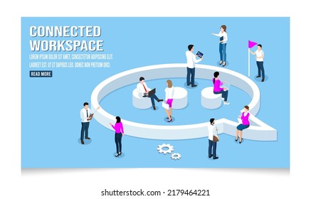 3D isometric concept of People working, communicating, and studying in a contemporary coworking workplace. vector illustration eps10