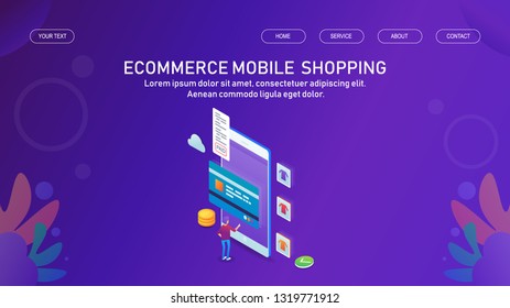 3D, Isometric concept, Shopping application, Man purchasing through mobile phone app, vector illustration