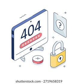 3D isometric concept showing locked website 404 page error.