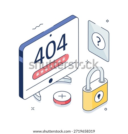 3D isometric concept showing locked website 404 page error.