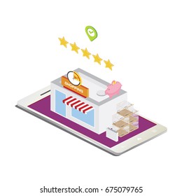 3D Isometric concept Store in smartphone. Vector illustration EPS 10