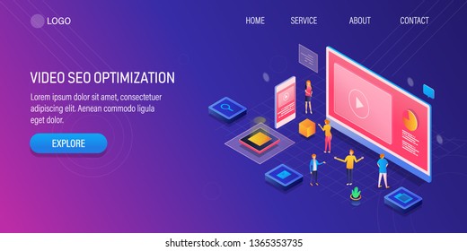 3D, Isometric concept of video seo optimization, Digital video, Video playing on computer screen, landing page vector template