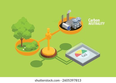 3D Isometric Conceptual Illustration of Carbon Neutrality, Net Zero or CO2 Neutral
