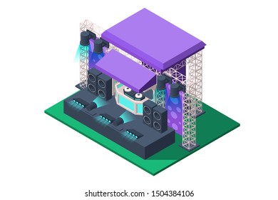 3d Isometric Concert Stage Of Spotlights, Acoustic Speakers, Music Equipment. Isolated Concept Public Stadium Structure Holding Events Of Pop Festival. Low Poly. Vector Illustration.