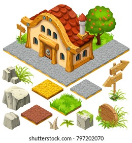 3d Isometric Cottage With Elements For The Landscape For Computer Games. Vector Cartoon Illustration.