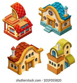 3d isometric cottages for computer games. Isolated vector cartoon illustration.