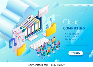 3d isometric could computing service, people sitting in front of screen and keyboard