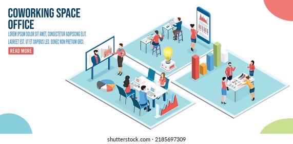 Concepto de espacio de trabajo en Coworking isométrico 3D con personas que trabajan o estudian laptops en área de trabajo conjunto para emprendimientos de negocios, freelancers, trabajo compartido. Ilustración vectorial eps10