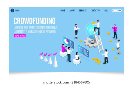 3D isometric Crowdfunding concept for business startup, innovation, donation, charity platform, platform, Contribution, Collaborative. Innovation and technologies.  Vector illustration eps10