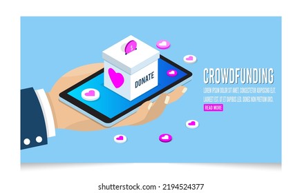 3D isometric Crowdfunding concept for business startup, innovation, donation, charity platform, platform, Contribution, Collaborative. Innovation and technologies.  Vector illustration eps10