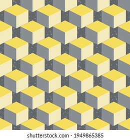 3D isometric cube vector seamless pattern background. Diagonal rows of yellow grey cubes on textured terrazzo backdrop. Abstract design with geometric shapes. Staircase layout. Repeat for business