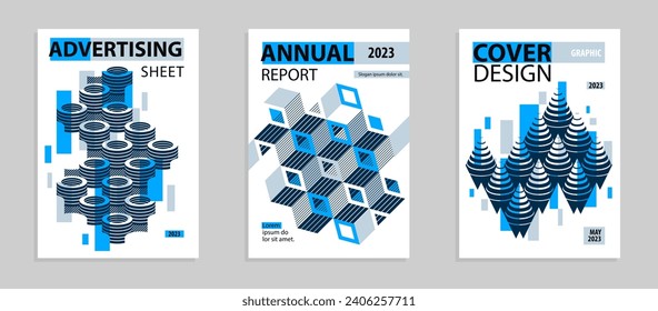 3D isometric cubic design vector geometric abstract backgrounds set, covers and posters with cubes, construction buildings and blocks look like shapes.